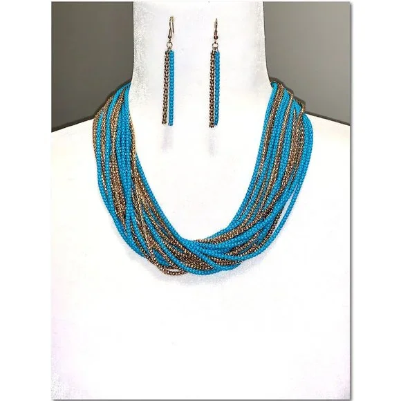 Turquoise Blue & Gold Multistrand Beaded Fashion Necklace & Earring Set EUC - Picture 3 of 6